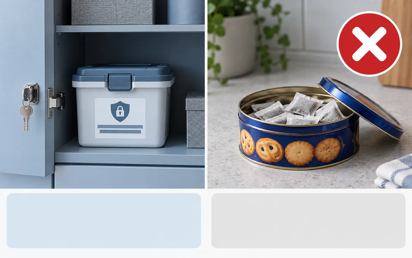 How to store and dispose of Nicopods safely: a locked storage container contrasted with an unsafe biscuit tin holding loose pouches