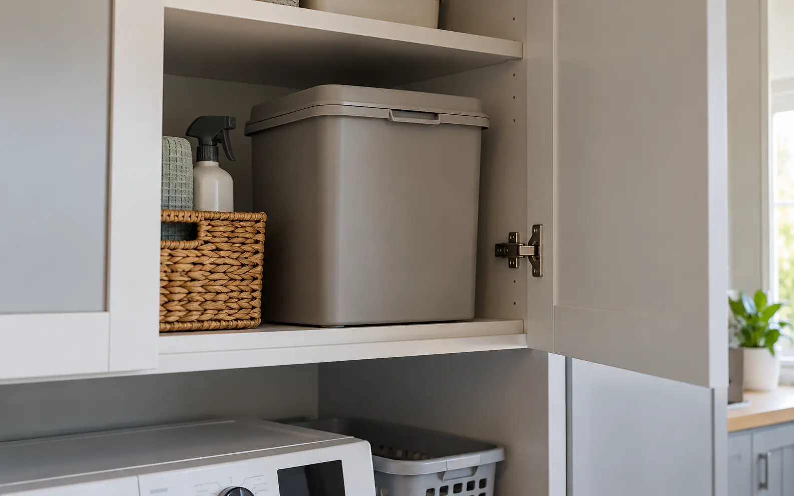 Closed lidded waste container inside a household cupboard for keeping discarded Nicopods inaccessible