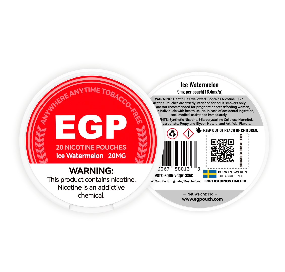 EGP Ice Watermelon 20mg Nicopods can, front and back label with N-substance warning and ingredients